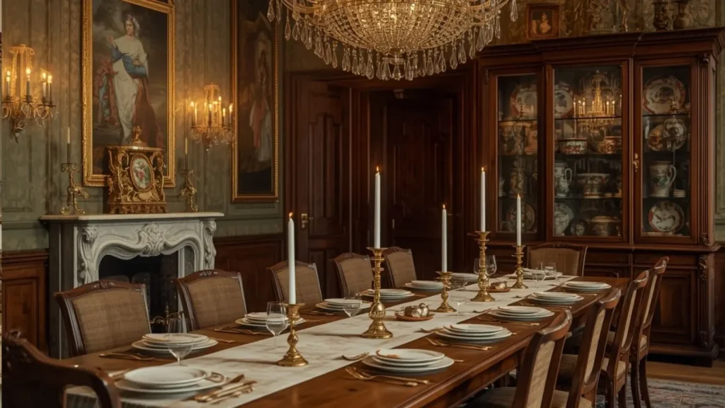 Antique dining room decor with walnut table linen tablecloth brass candlesticks crystal chandelier and china cabinet