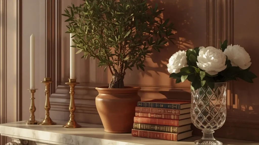 Antique home decor ideas with marble fireplace olive tree vintage books brass candlesticks and fresh peonies