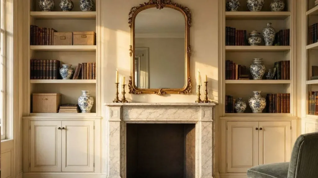  Antique home decor ideas with marble fireplace brass candlesticks gold mirror and blue white porcelain