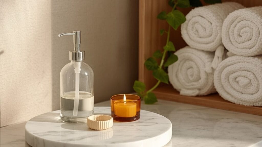 Bathroom counter with marble tray, glass soap dispenser, and rolled white waffle towels