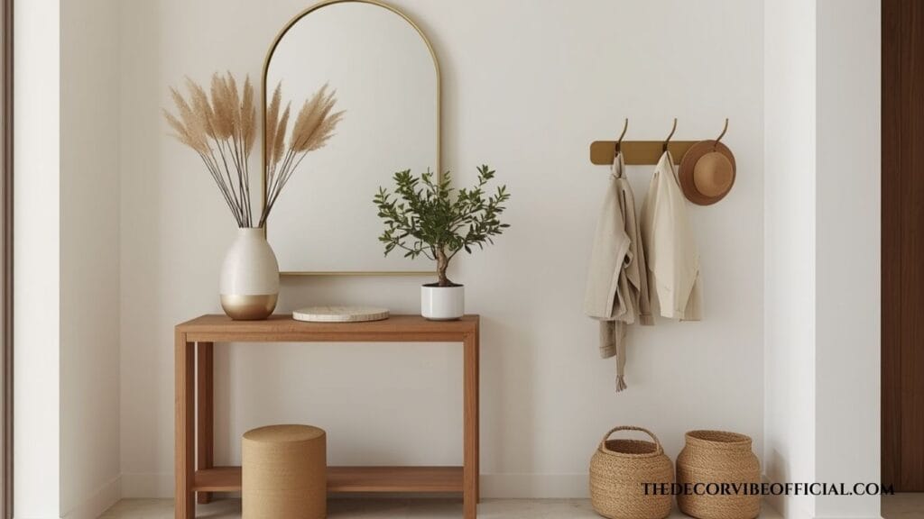 Complete small entryway styled with oak console, arched mirror, brass hooks, woven baskets, and rattan pendant
small entryway ideas