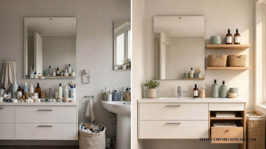 Bathroom organization before and after showing smart storage ideas.