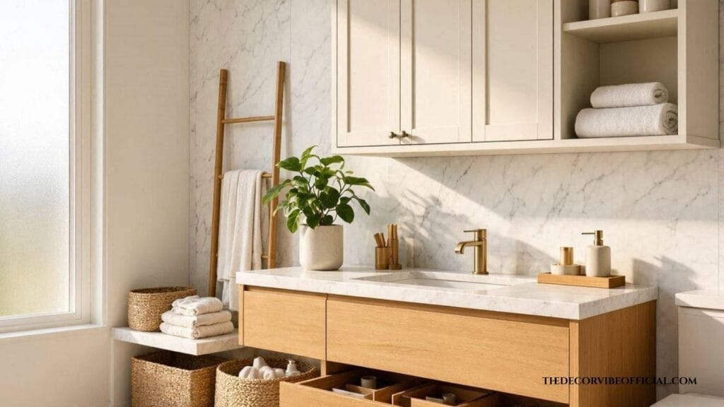 Modern bathroom featuring smart bathroom storage ideas with floating shelves, baskets, and under-sink organization.