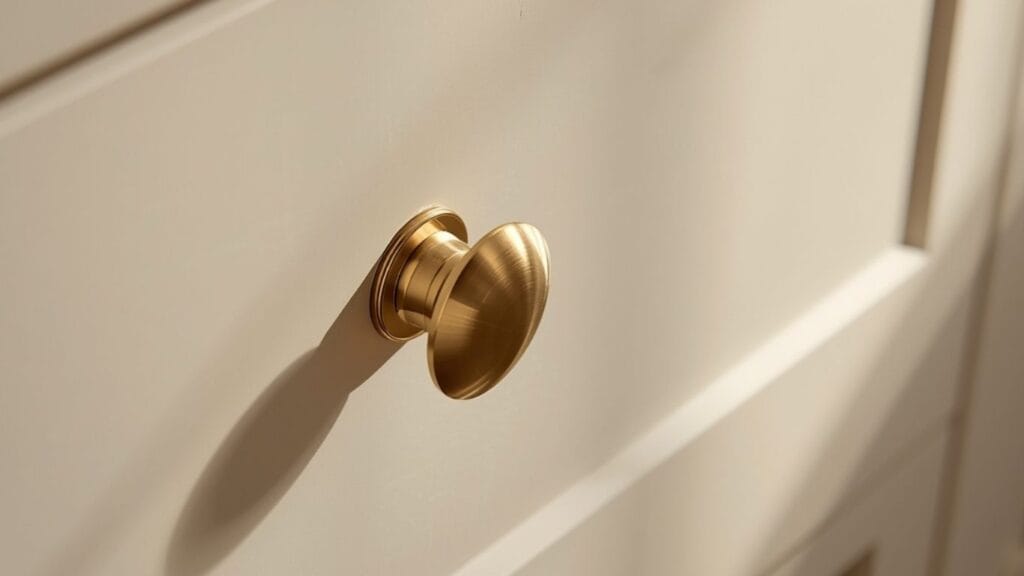 Brushed brass cup pull hardware on a white shaker cabinet drawer in warm side lighting
