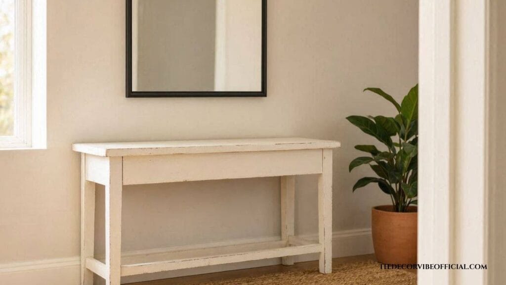 Budget-friendly entryway makeover with a painted thrifted console and DIY mirror frame