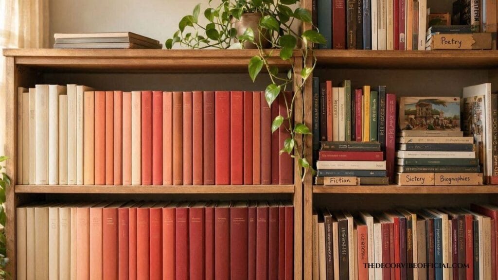 Color coded and genre organized shelves in a cozy home library