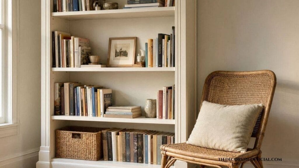 Budget friendly cozy home library shelving and secondhand chair