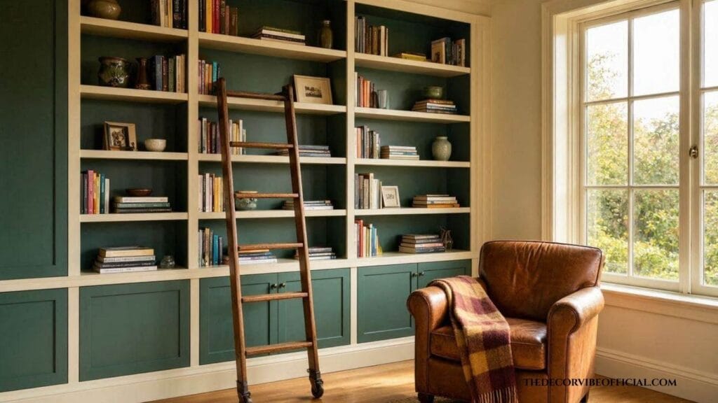 Floor to ceiling built in shelves in a cozy home library sunroom