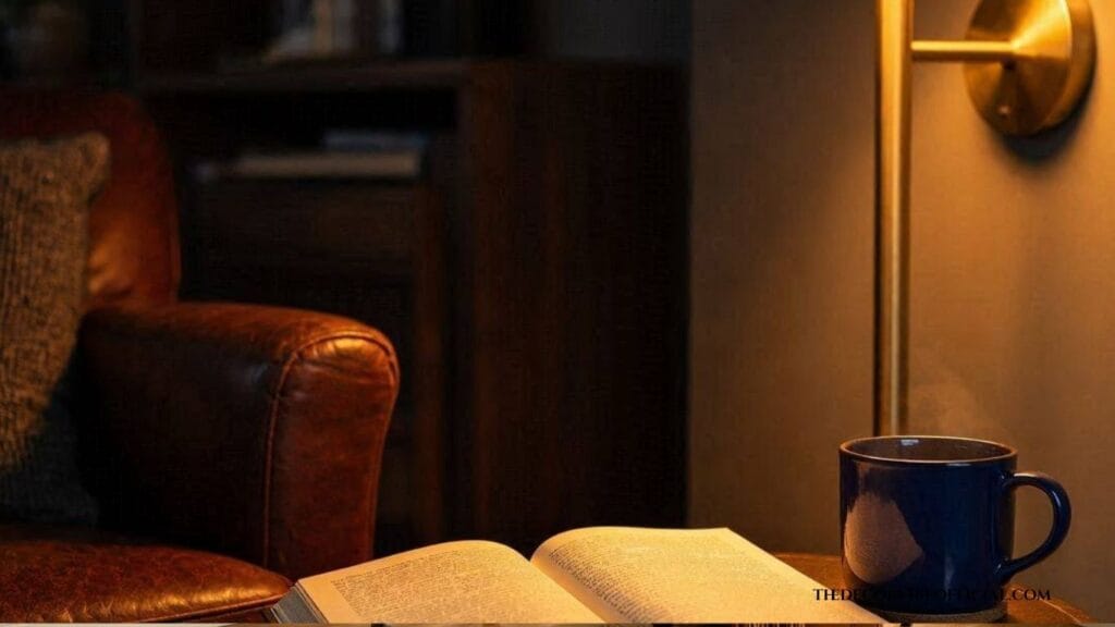 Warm layered lighting in a cozy home library reading corner