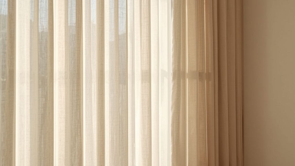Floor-to-ceiling linen curtains in ivory hung close to the ceiling in a bright living room