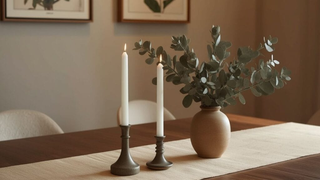 Dining table with linen runner, taper candles, eucalyptus centerpiece, and botanical wall art