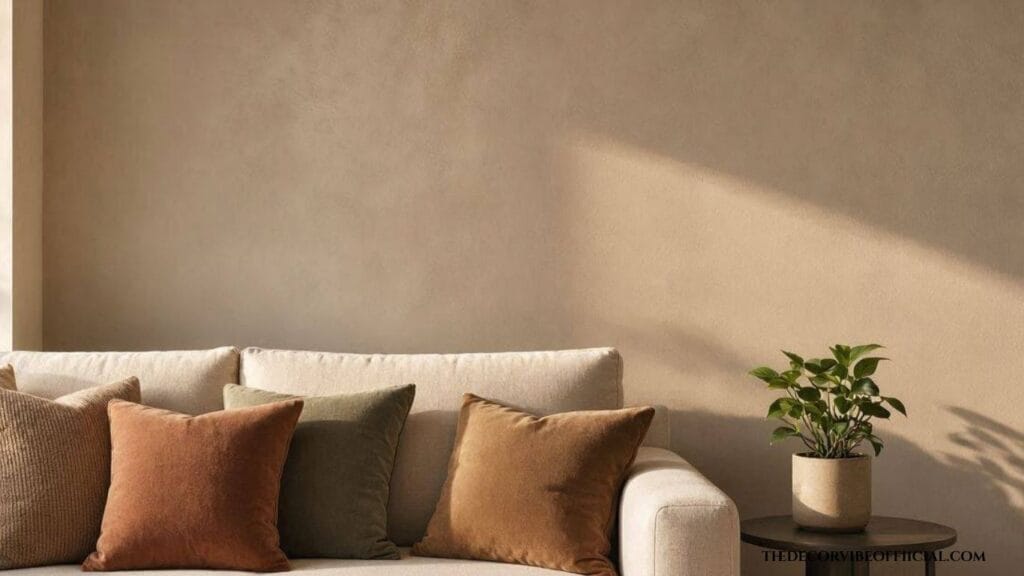 Warm beige accent wall behind cream sofa with earth tone pillows and natural
lighting creating an expensive-looking earthy living room design