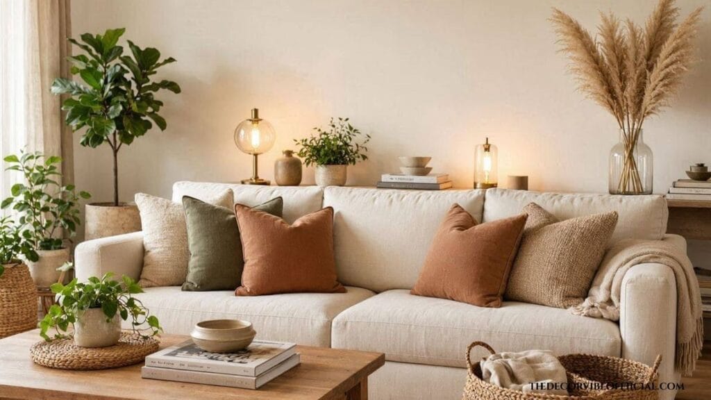 Warm earthy living room with cream sofa, natural wood furniture, layered throw pillows, potted plants, and warm lighting creating a luxurious budget-friendly space