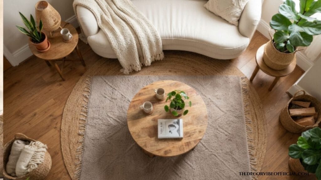 Layered earthy rugs (jute and taupe) under wooden coffee table with cream sofa
and natural fiber textiles showing budget-friendly living room design