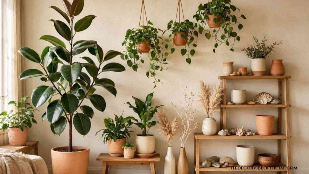 Layered potted plants at different heights including monstera, rubber tree, and
hanging plants with dried botanicals creating an earthy living room jungle corner