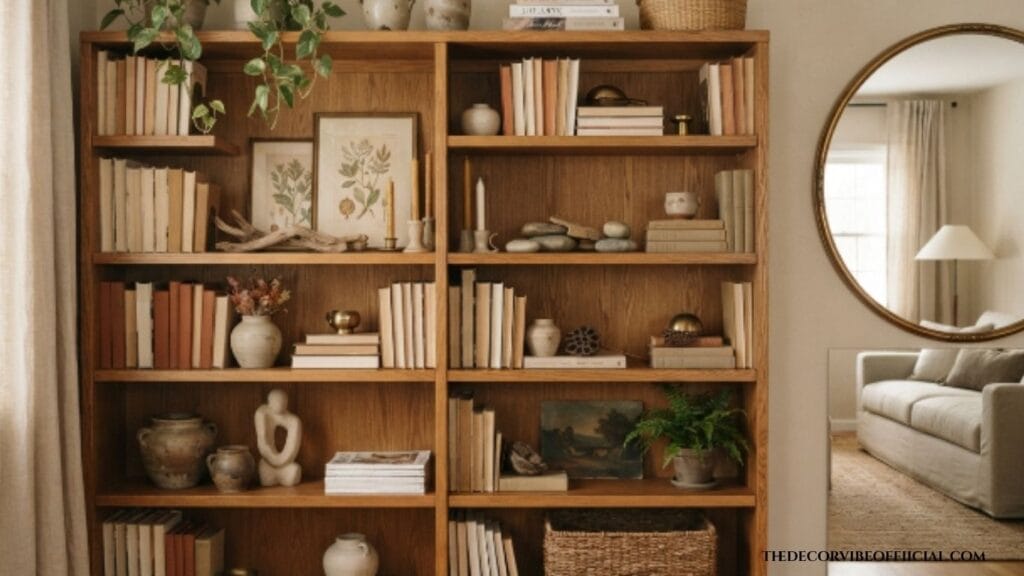 Styled bookshelf with mixed books, potted plants, candles, and natural objects
arranged in earth tones creating curated expensive-looking decor display