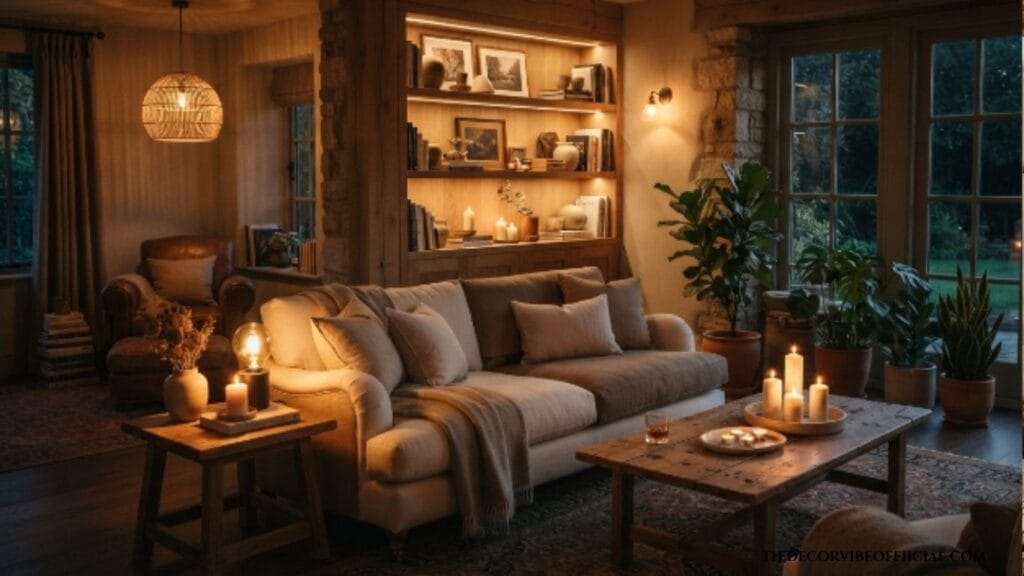 Warm earthy living room lit with layered lighting including Edison bulbs,
pendant lights, and candles creating cozy luxurious ambiance