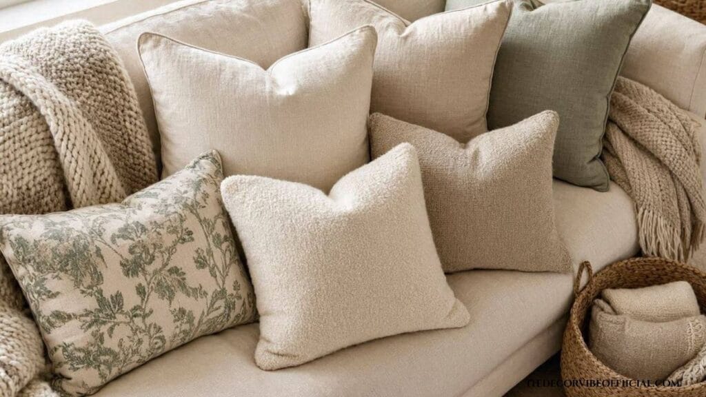 Styled throw pillows in earth tones and natural textures layered on cream sofa
with chunky blanket showing budget-friendly textile layering technique