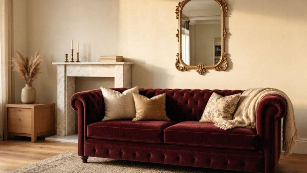 Timeless home decor ideas with burgundy velvet sofa crystal chandelier marble fireplace and Persian rug