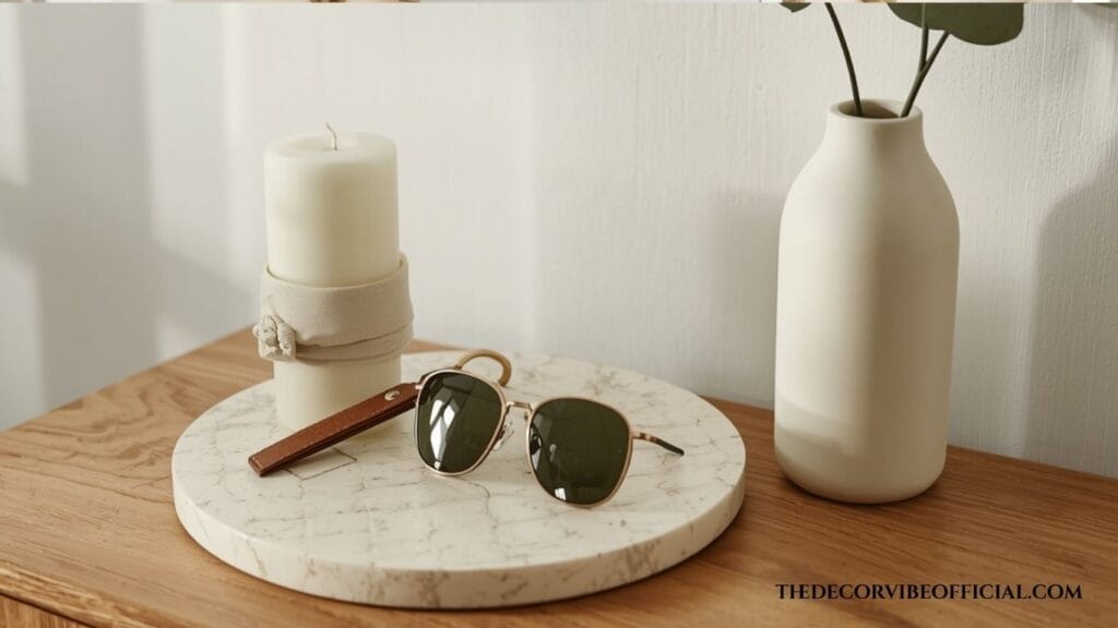 Small entryway console tray with candle, key fob, sunglasses, and white ceramic vase with eucalyptus