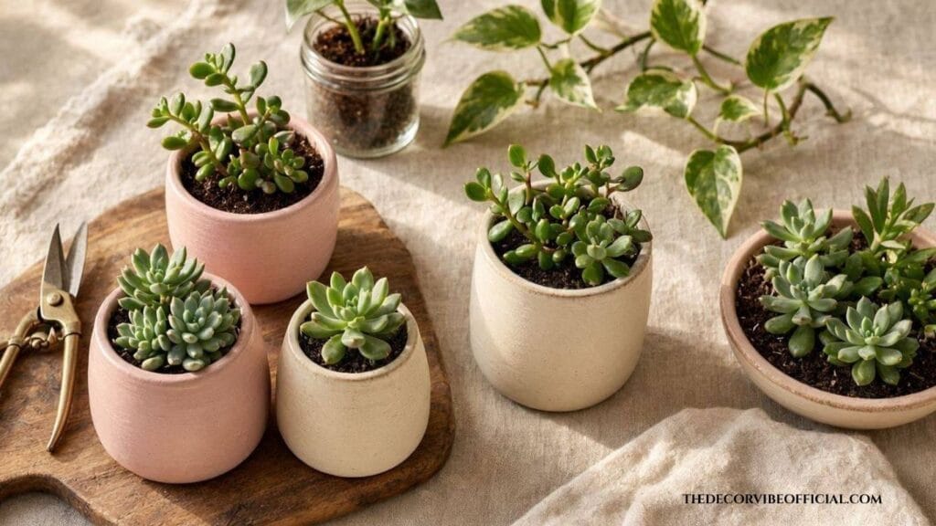budget friendly feminine home office plant decor ideas 2026 with thrifted planters