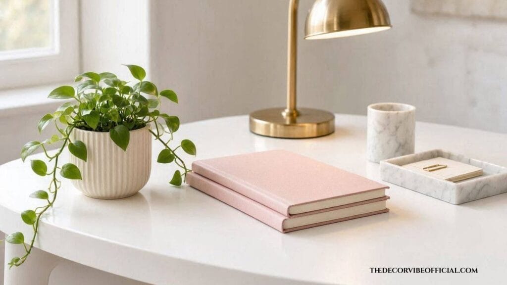 feminine home office plant decor ideas 2026 desk styling with pothos and gold accents