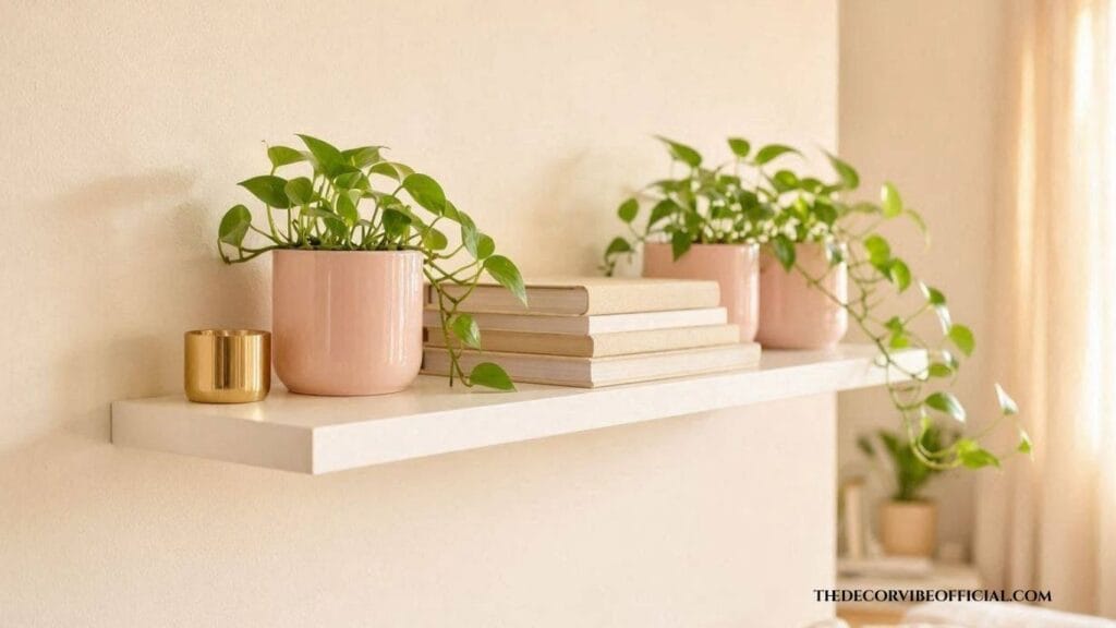 feminine home office plant decor ideas 2026 shelf styling with blush pink planters