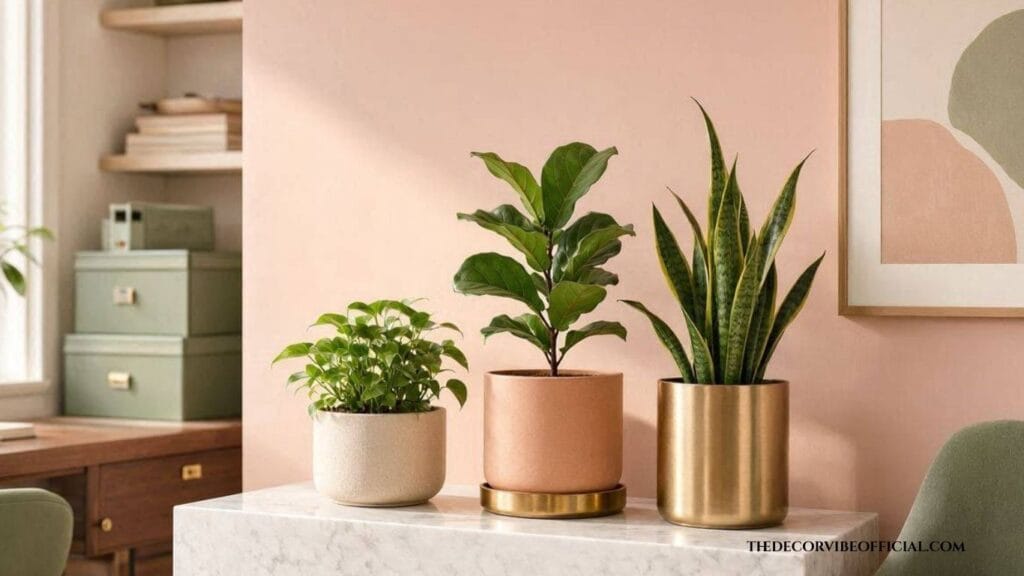 feminine home office plant decor ideas 2026 color palette styling with sage and blush tones