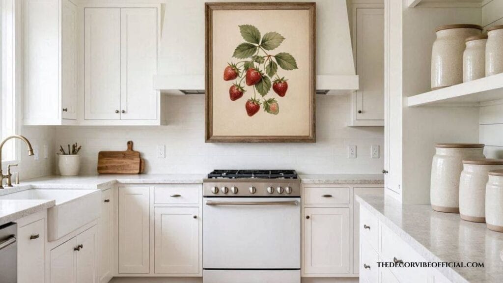 Strawberry kitchen decor with a botanical print and ceramic canister set