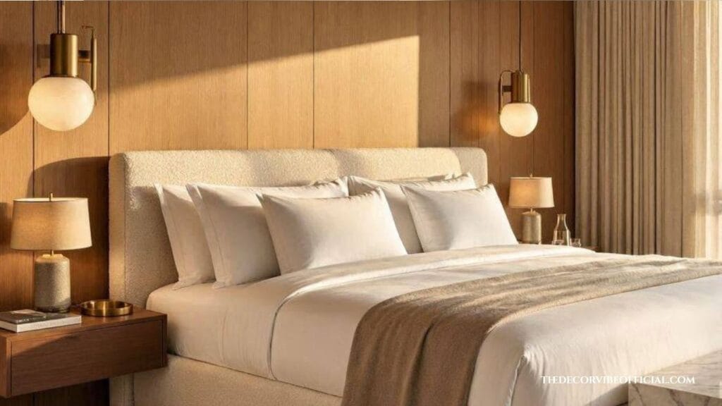 Luxury hotel-inspired bedroom with layered white bedding, warm lighting, and elegant neutral decor.