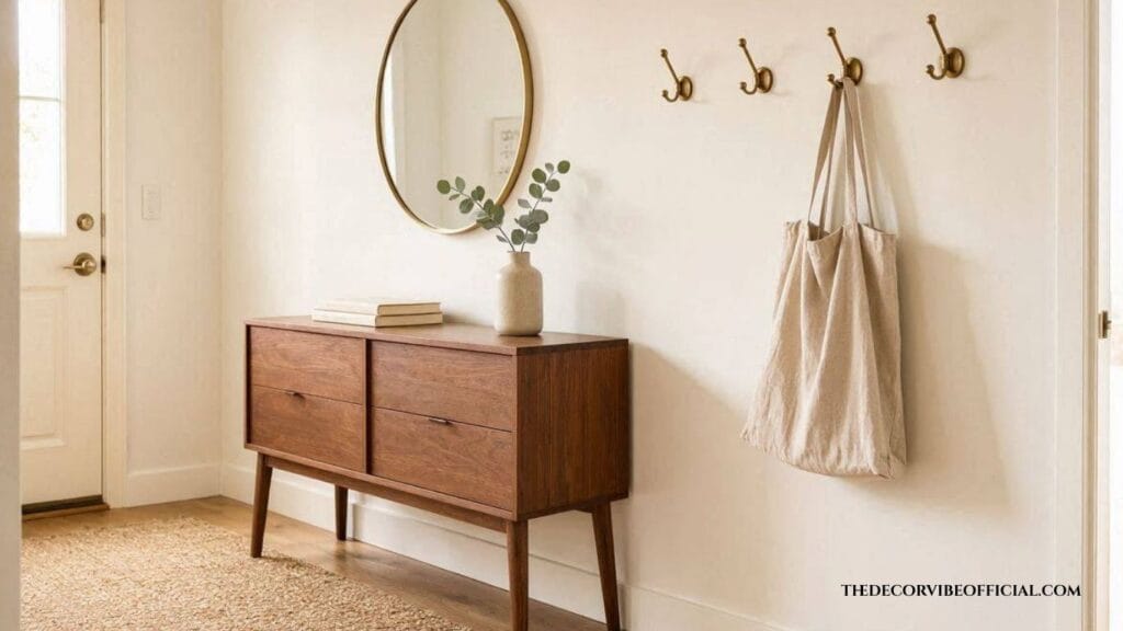 Front door entryway ideas with a warm wood console table, round mirror, and layered lighting