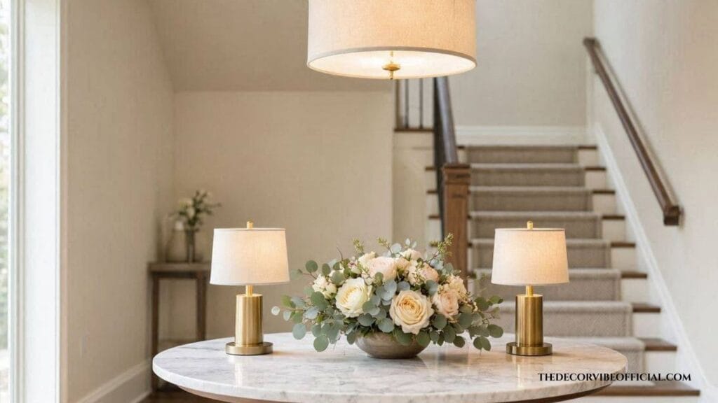 Grand foyer entryway idea with round marble table and statement chandelier