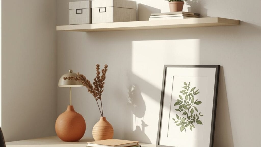 Home office desk styled with warm lamp, ceramic vase, notebooks, and floating shelves above