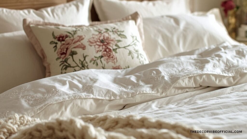  Luxury cottage bedroom bedding with embroidered pillowcase floral cushion and chunky knit throw