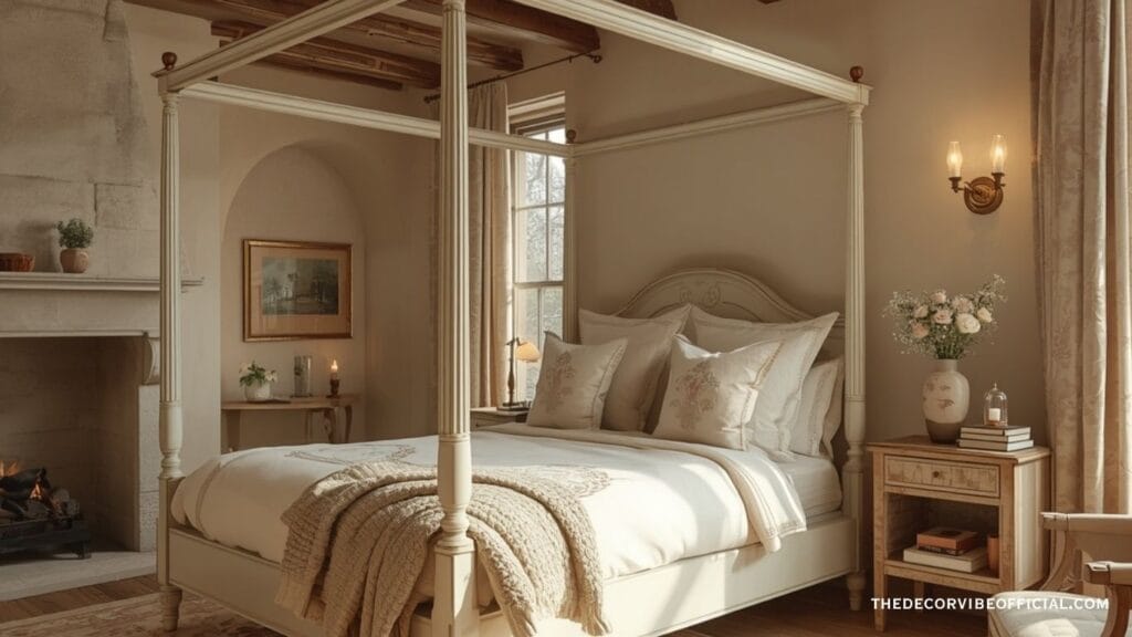 Luxury cottage bedroom ideas with four poster bed exposed beams stone fireplace and fresh roses