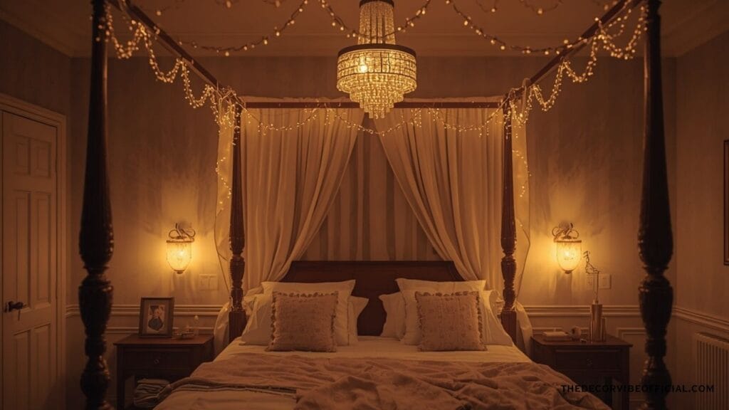 Luxury cottage bedroom lighting with crystal chandelier brass sconces and fairy lights at evening