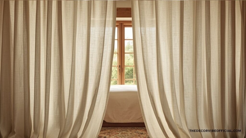  Luxury cottage bedroom with floor-to-ceiling linen curtains pooling on stone floor and floral Persian rug