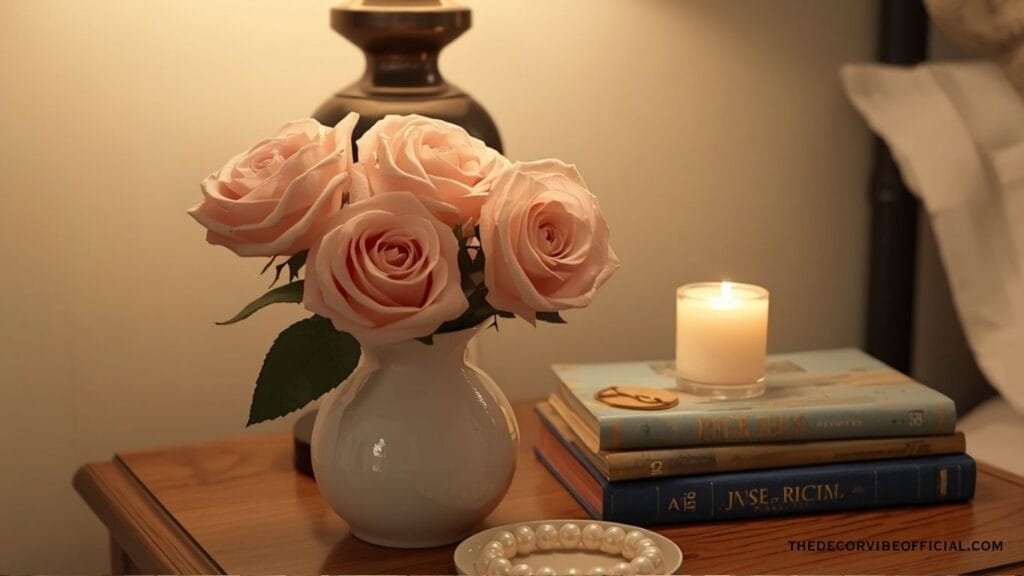 Luxury cottage bedroom nightstand with fresh roses candle books and warm lamp light