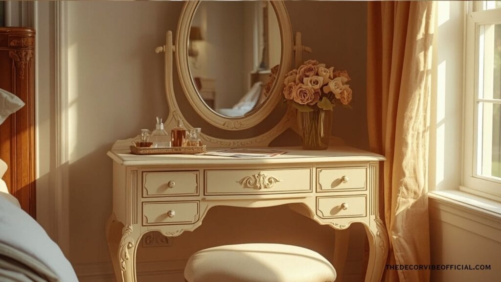  Luxury cottage bedroom vanity with cream painted vintage dresser oval mirror and perfume bottles