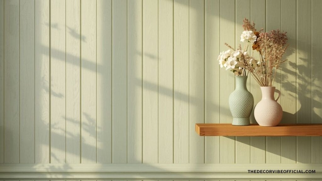  Luxury cottage bedroom wall with sage green wood paneling wooden shelf and dried flowers