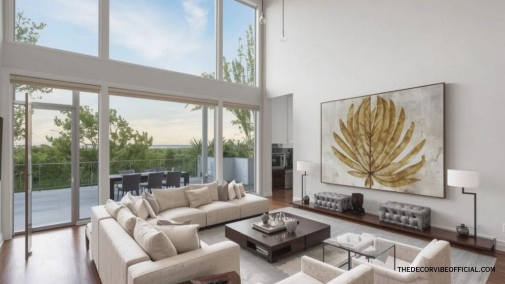 Affordable luxury home decor ideas with high ceiling living room cream sectional large art and warm lighting