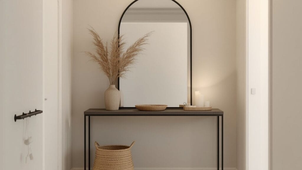 Entryway console table with arched mirror, ceramic vase, and woven key tray