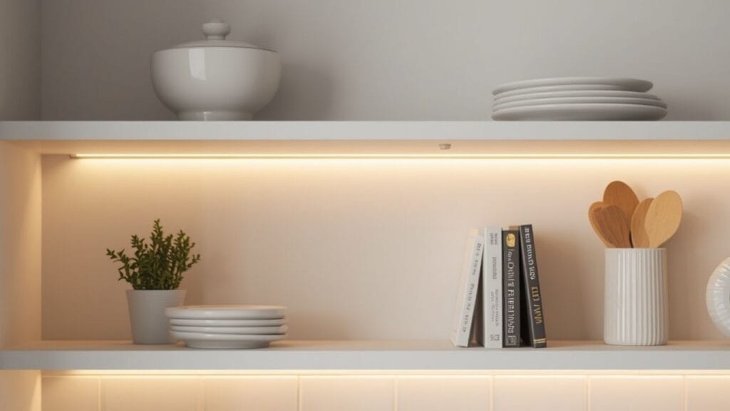 Open kitchen shelves styled with white ceramics, stacked cookbooks, and a small herb plant