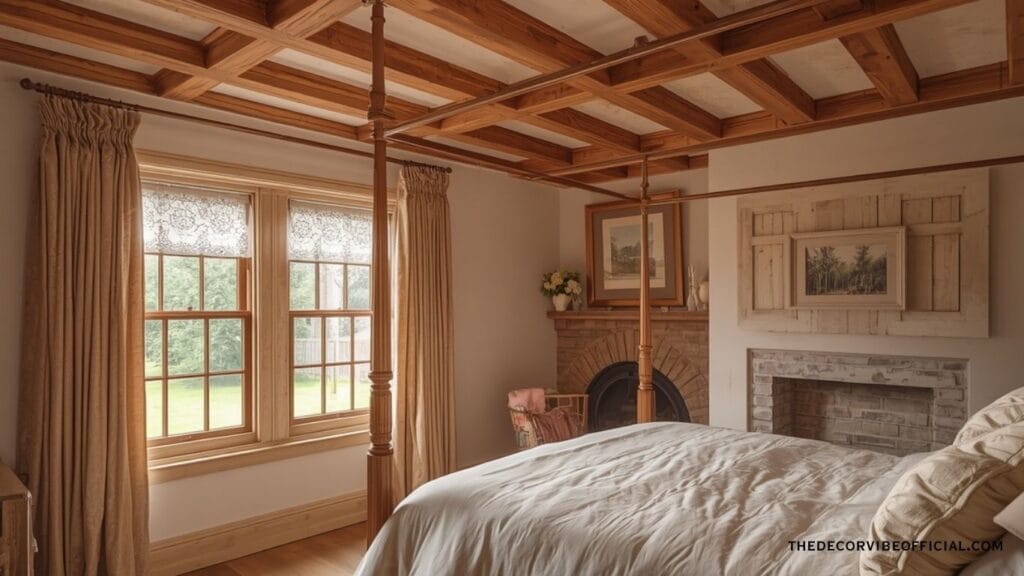  Luxury cottage bedroom ideas with exposed beams four poster bed cream linen and stone fireplace
luxury cottage bedroom ideas