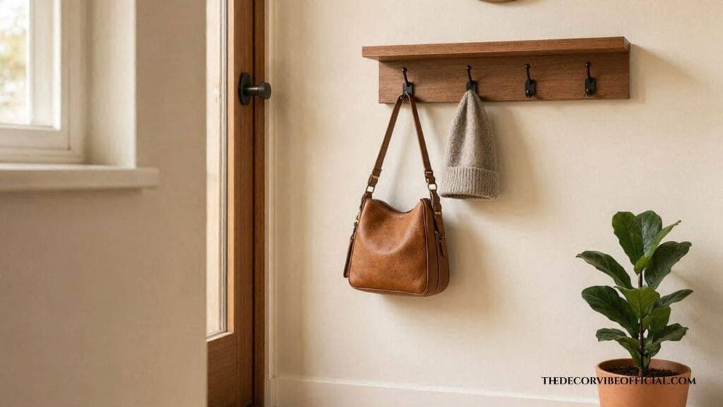 Small apartment entryway ideas with wall-mounted shelf and hooks for a no-foyer space