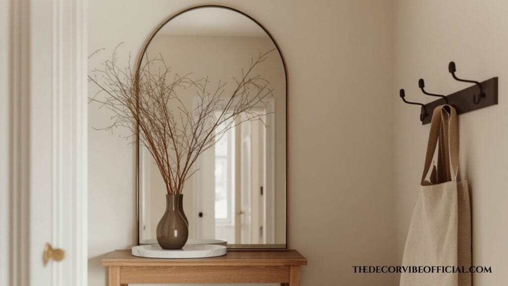 Small entryway styled with narrow oak console, arched mirror, wall hooks, and woven basket
