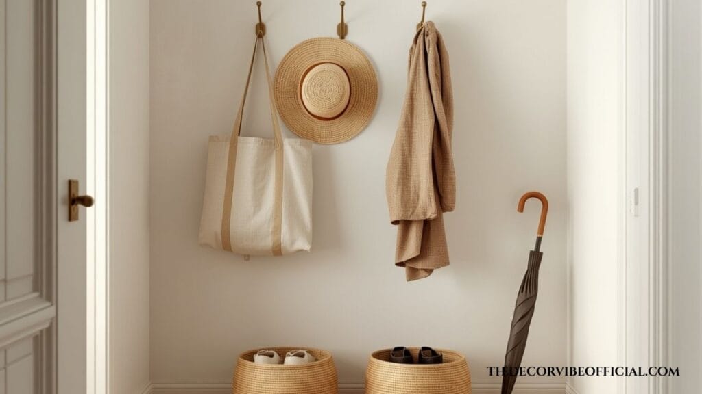 Small entryway wall with brushed brass hooks, linen bags, and woven seagrass baskets on travertine floor