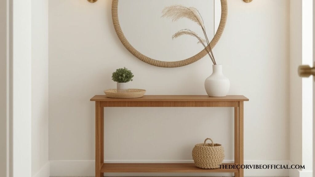 Small entryway round mirror with brass wall sconces and warm oak console table in morning light