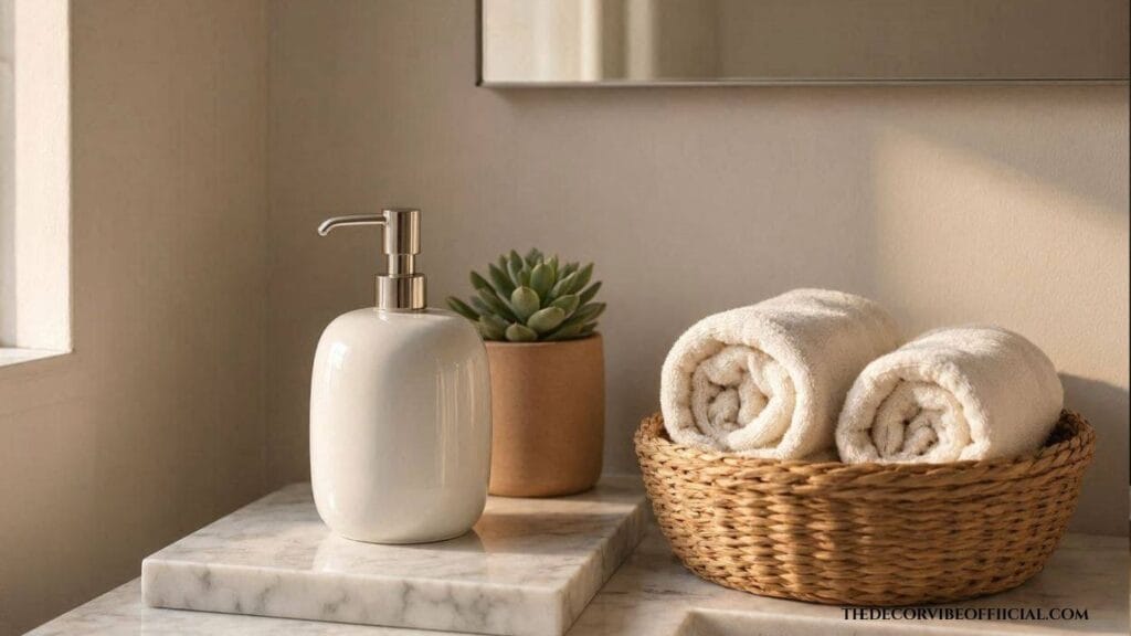 Cheap and easy guest bathroom updates with styled counter and warm lighting