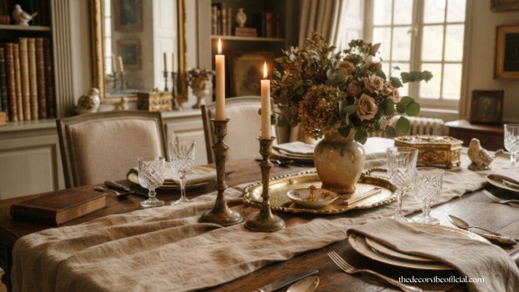 Antique brass and gold decor accessories styled on elegant table.